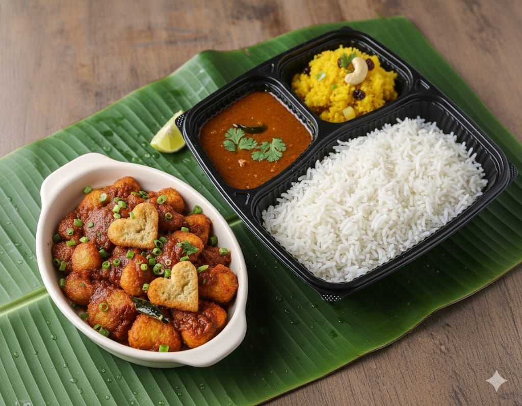 Boiled rice + Rasam + Pineapple kesari + Dilwale babycorn 