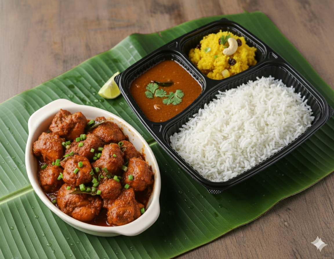 Boiled rice + Rasam + Pineapple kesari + Tawa Chicken