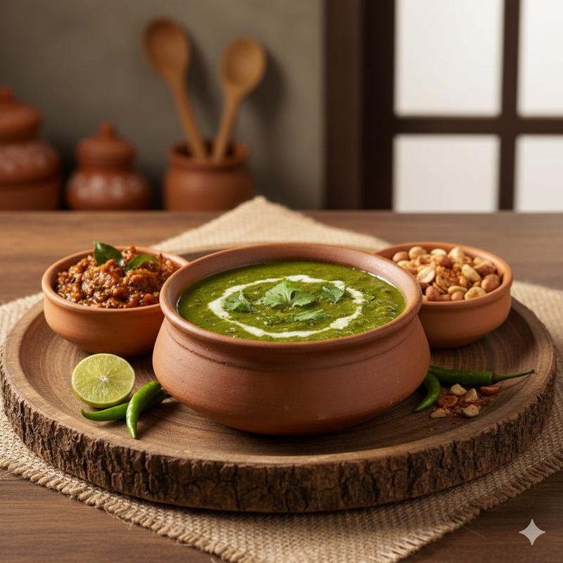 Green Dal kanji + Onion chutney and Peanut bowl