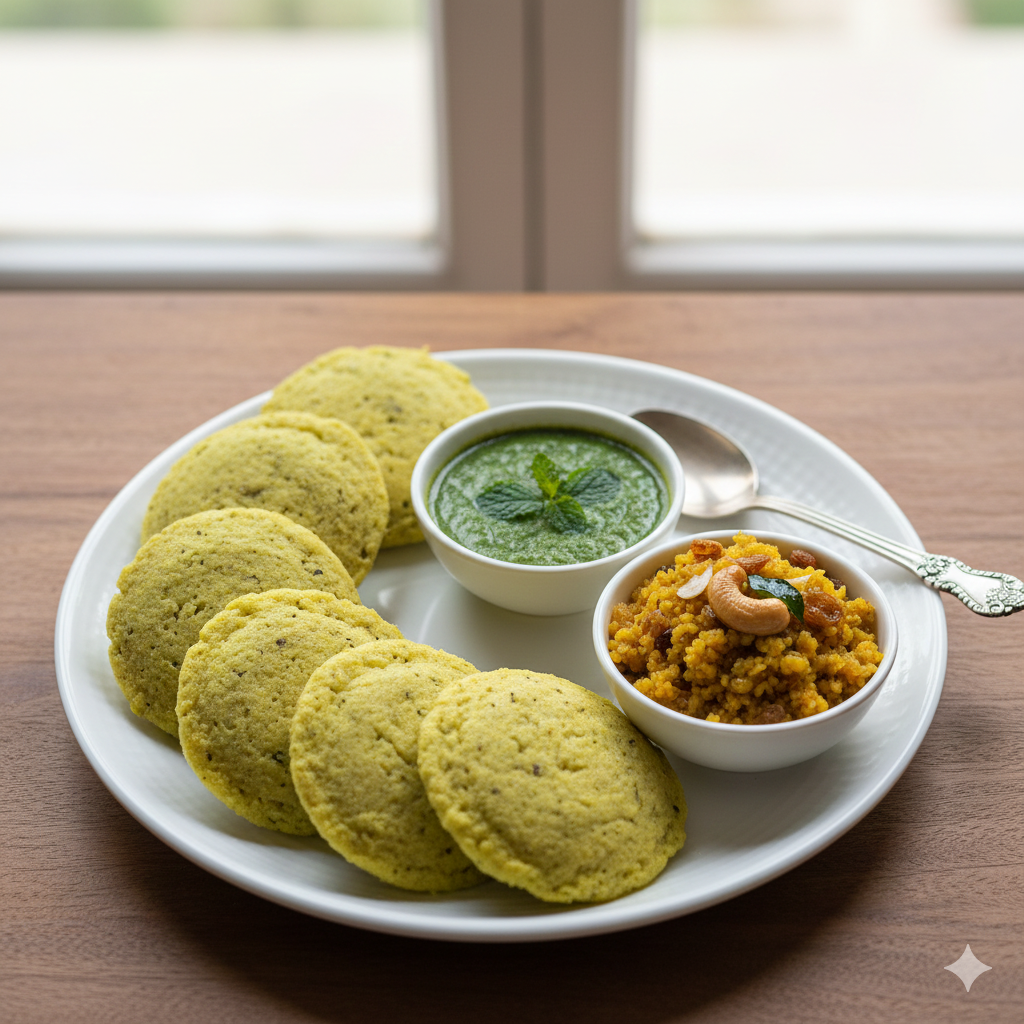Moong dal idly + Mint chutney and Chakkarai pongal