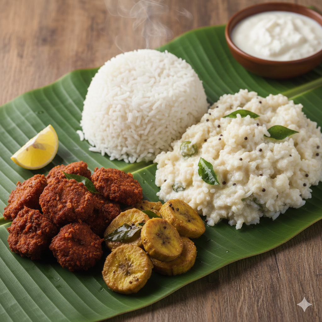 Boiled rice+ Raw Banana Curry + Soya Chunks 65 and  Curd Rice