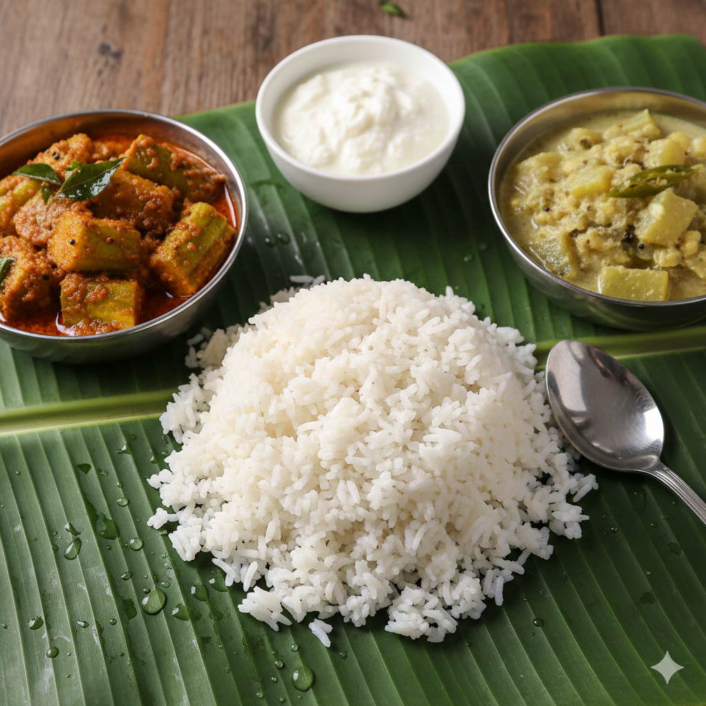 Boiled Rice + Raw banana Curry + Bottle Gourd Kootu + Curd 