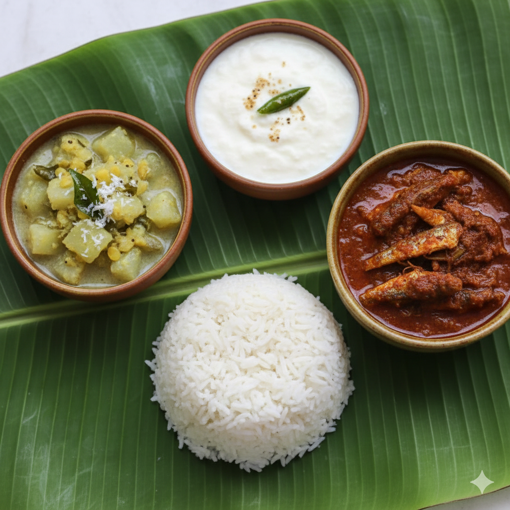 Boiled Rice + Nethili Fish Curry + Bottle Gourd Kootu + Curd 
