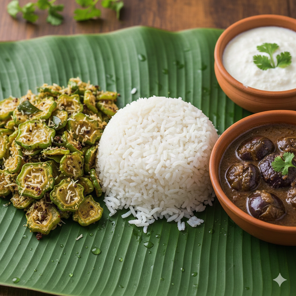 Boiled Rice + Kovakai poriyal + Ennai Kathirikai puli kolambu + Curd