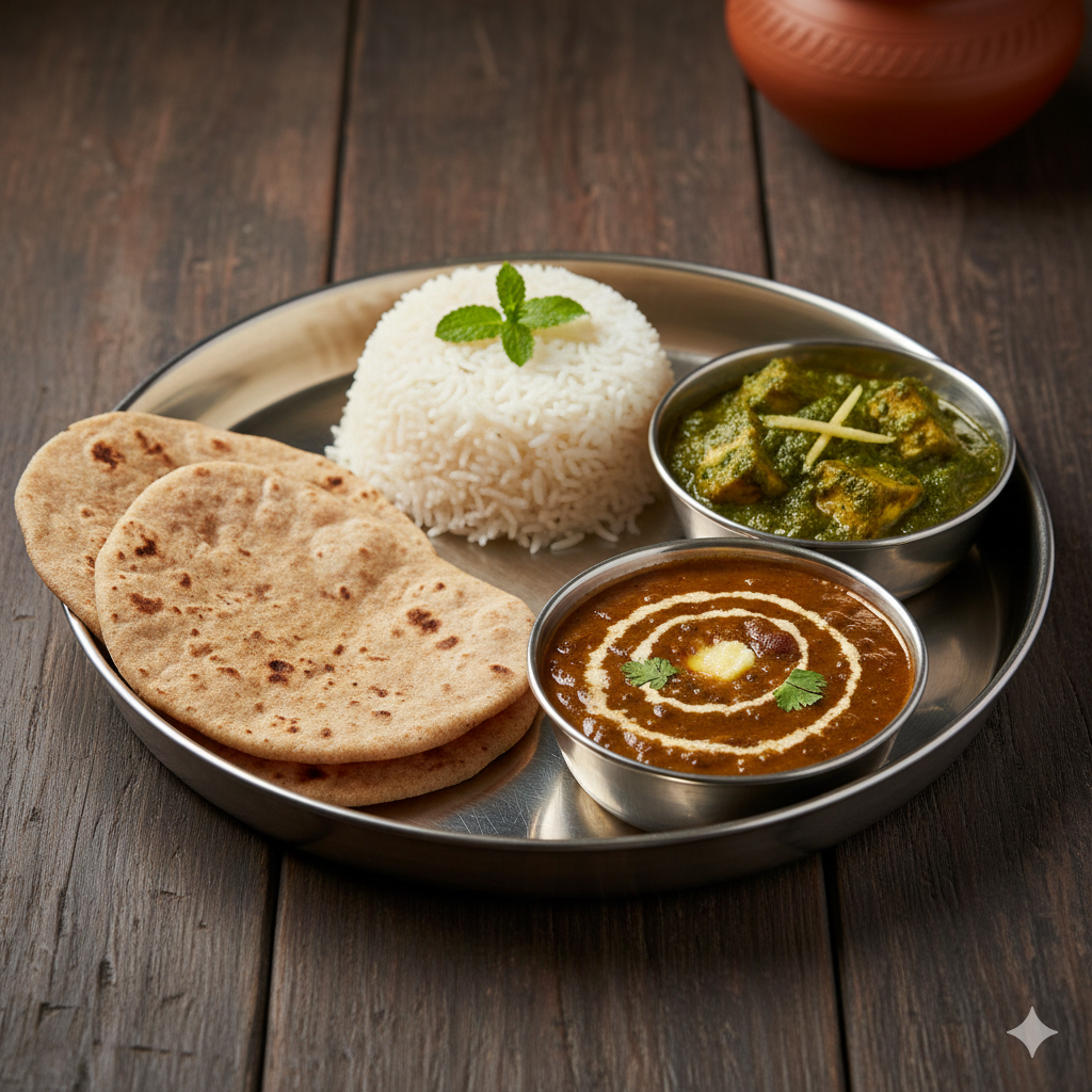 Chapathi + Boiled Rice + Dal Makhani + Hariyali panneer curry