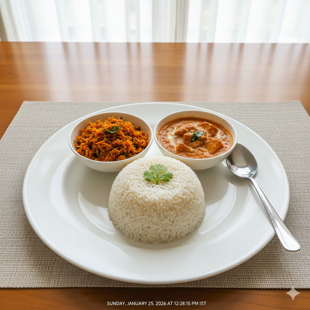 Boiled Rice + Carrot Thoran + Panneer butter masala