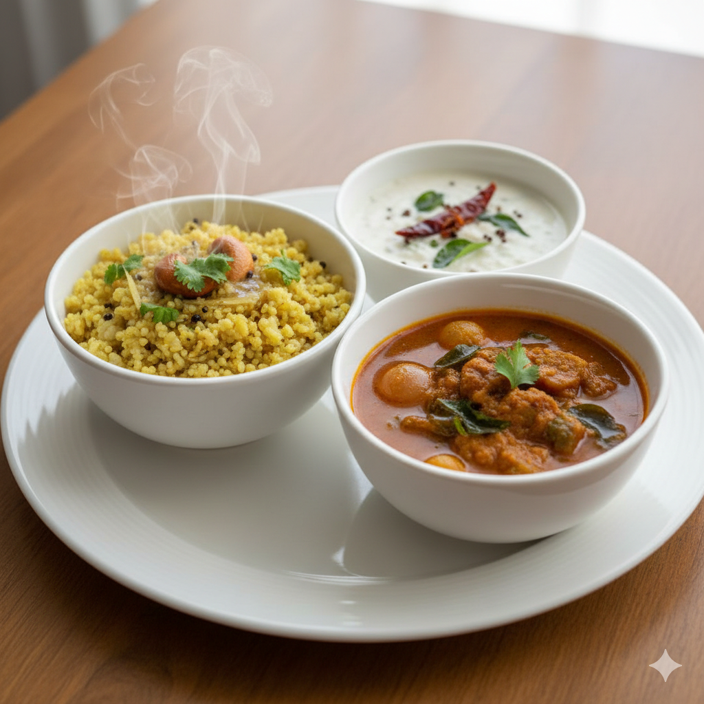 millet Pongal + Breakfast Sambar + Coconut Chutney