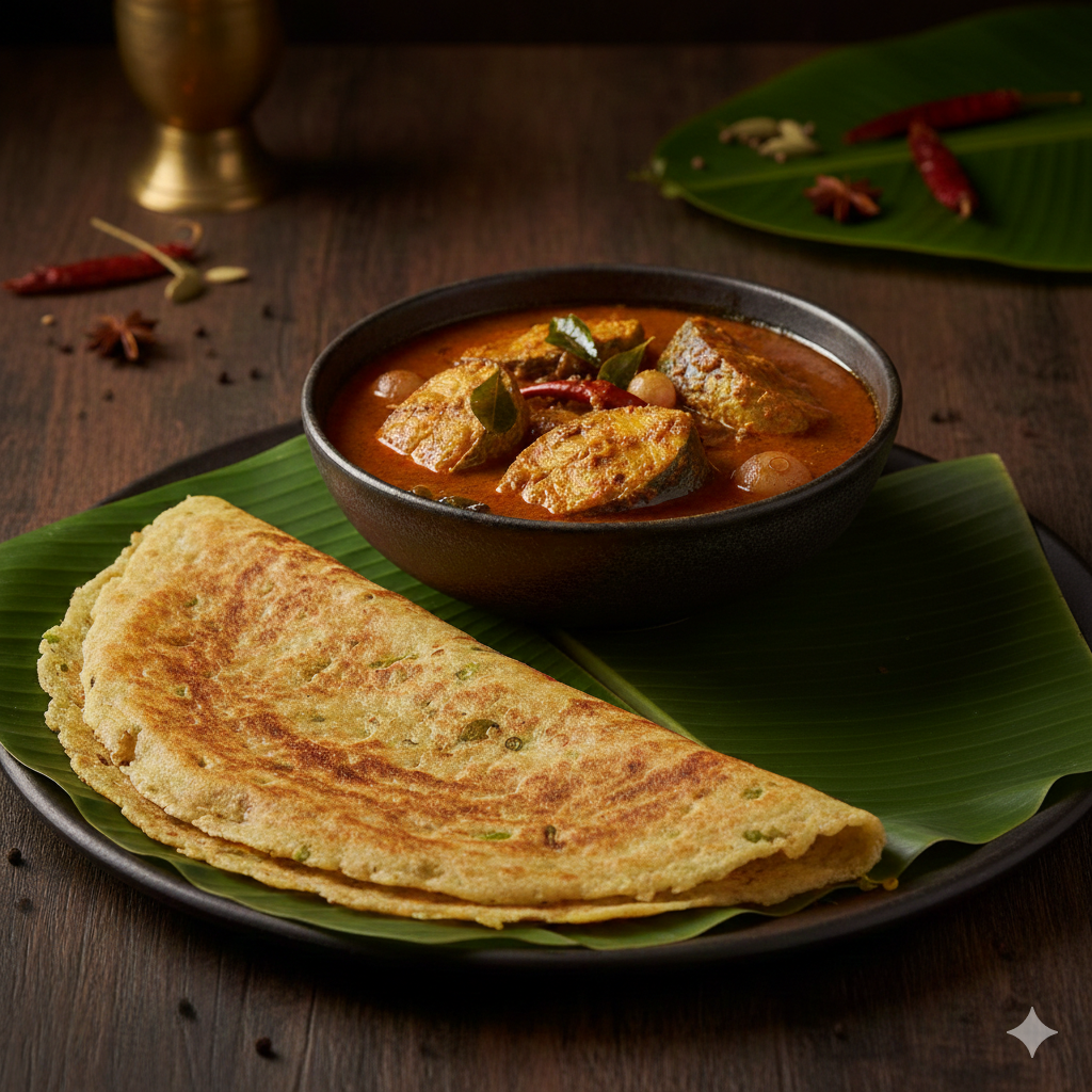 Pesarattu Dosa + Meen Kolambu