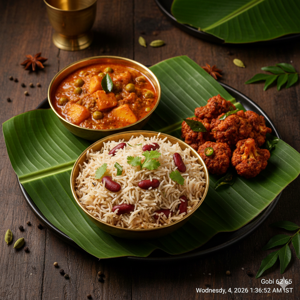 Rajma Pulao + Aloo Matar Masala + Gobi 65