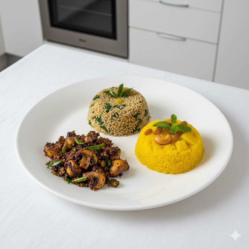 Keerai paruppu sadham + Mushroom Pepper Dry + Pineapple kesari