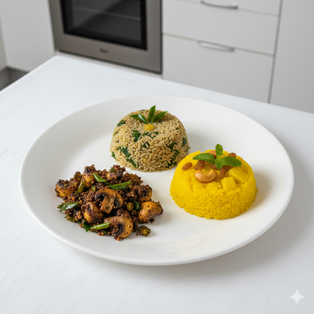 Keerai paruppu sadham + Mushroom Pepper Dry + Pineapple kesari