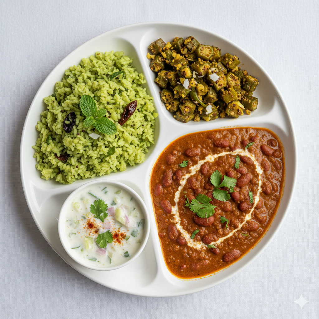 Mint khichdi + Ladies Finger poriyal + rajma masala + Raita