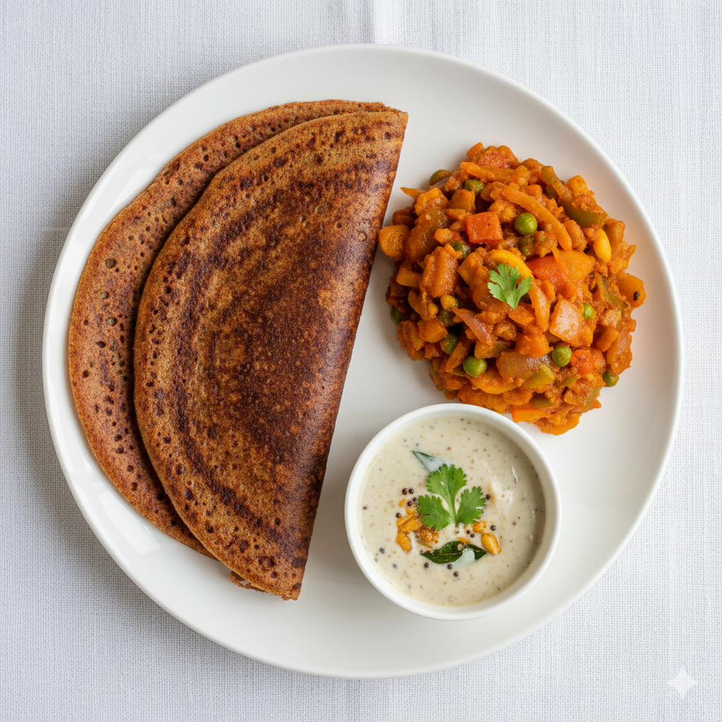 Raggi dosa + Jalfrezi + Peanut Chutney