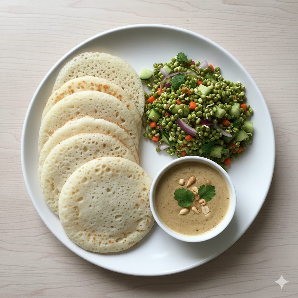 Appam + Green moon dhal salad + Peanut Chutney
