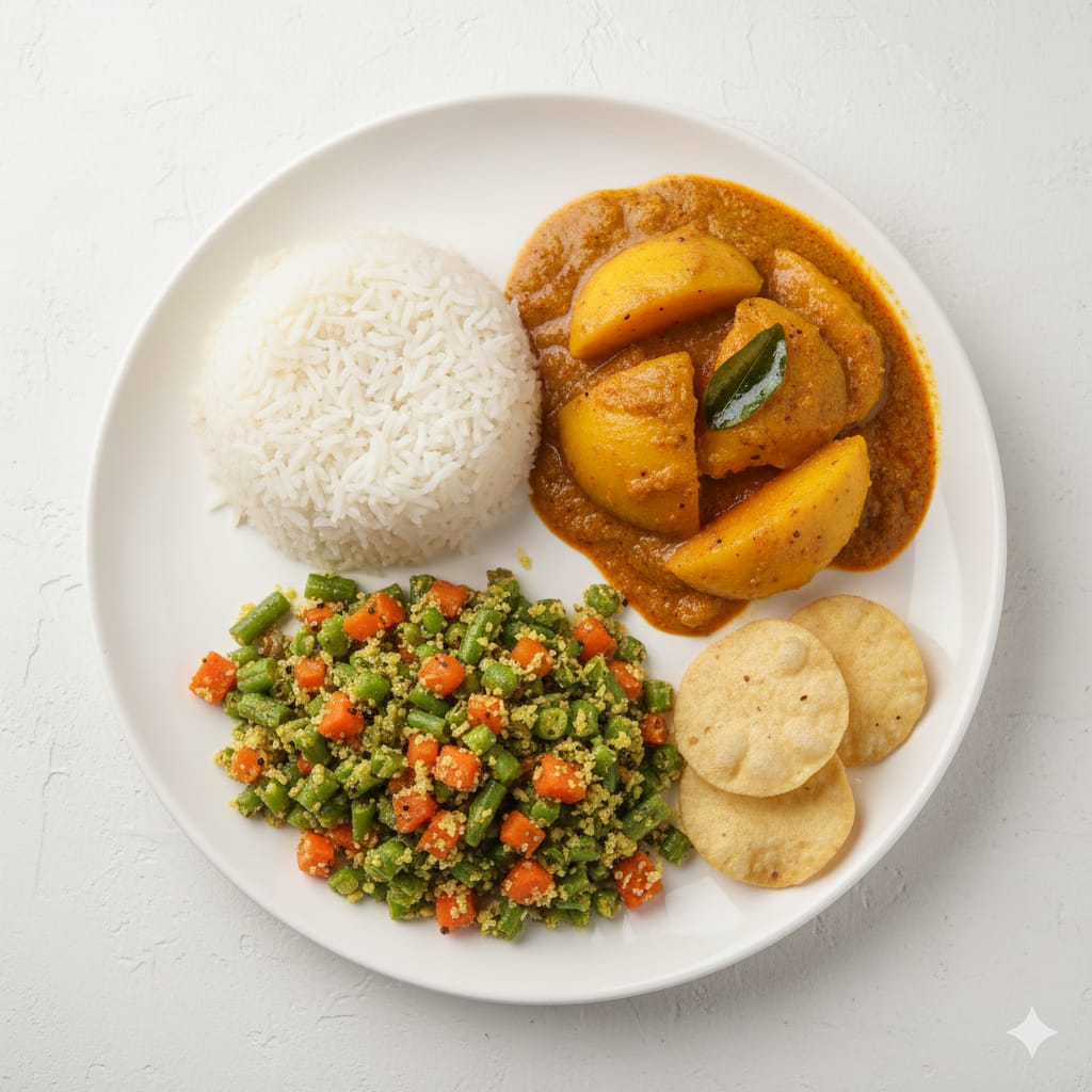 Boiled rice + angamaly manga curry + beans carrot thoran and fryums