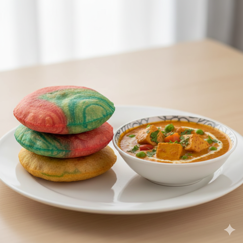 Rainbow Poori + Veg panneer curry