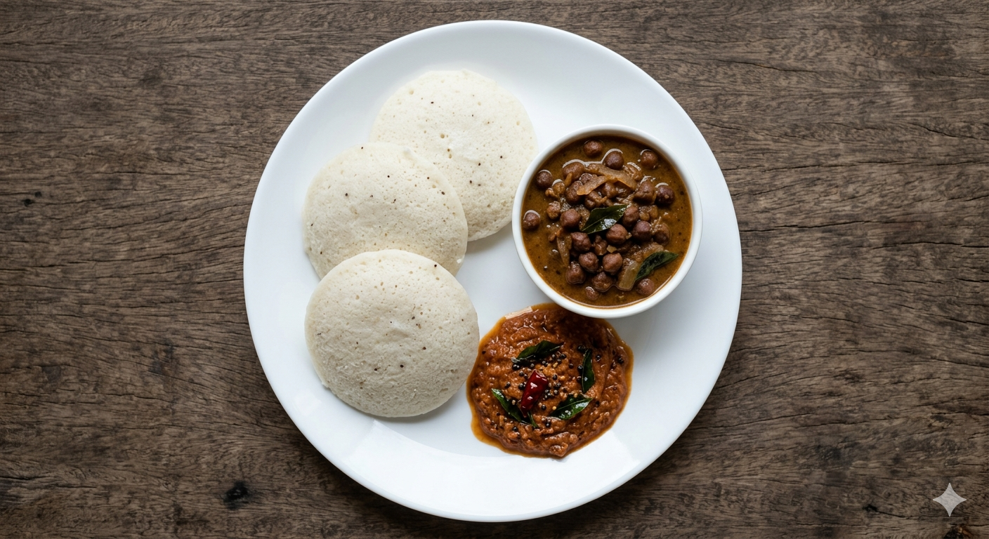 Thattu Idly + Kadala Curry + Vengaya Puli Chutney