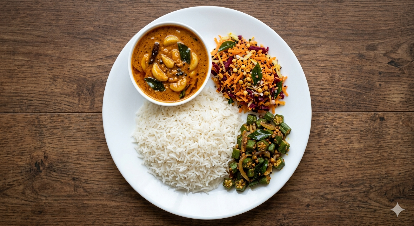 Rice + poondu kolambu + Carrot Cabbage Beetroot Poriyal + Ladies Finger Fry