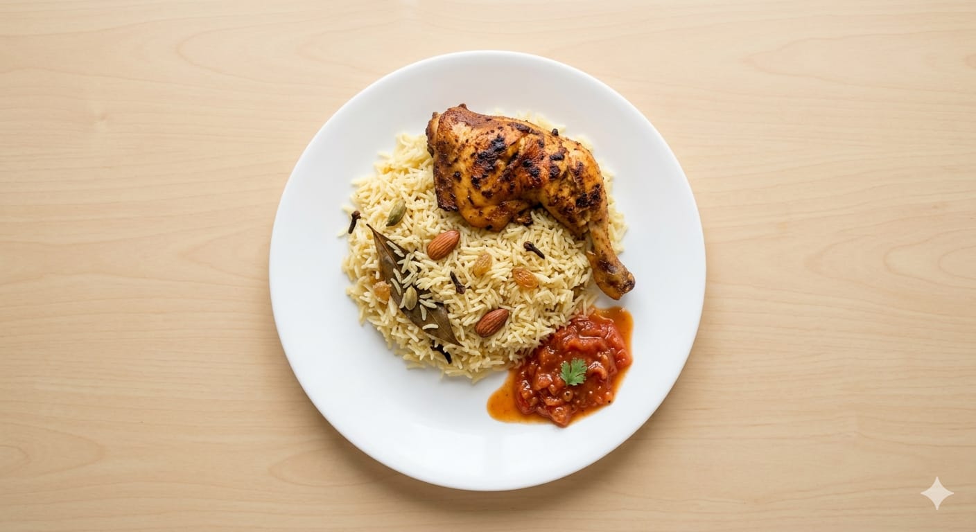 Chicken Mandi Rice and Tomato Chutney