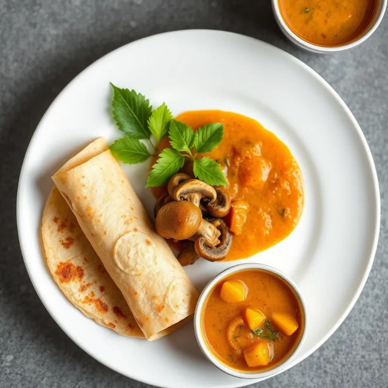 Pesarattu Dosa + Mushroom Chukka + Raw Mango Sambar
